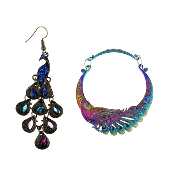 

Blue the Prancing Peacock Earrings & Carved purple green Peacock Big Necklace Indian Maxi Women Exaggerated Necklace