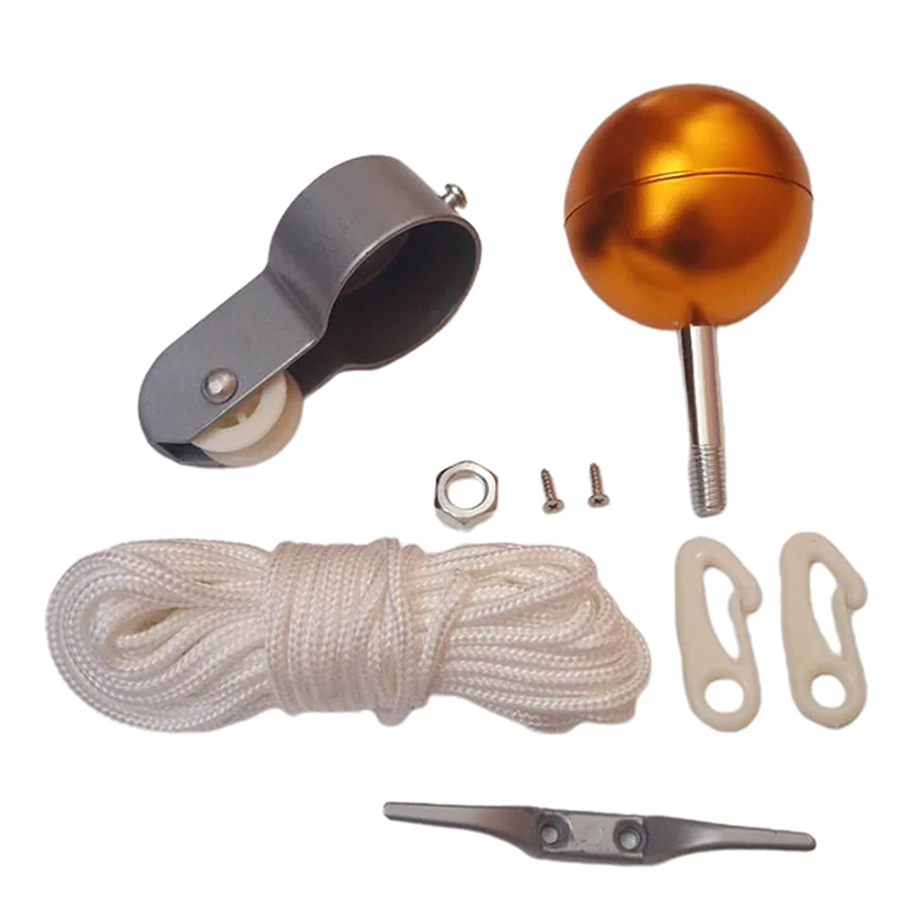 All-in-1 Flag Pole Replacement Parts 2'' Truck Pulley Golden Ball and Cleat Rope
