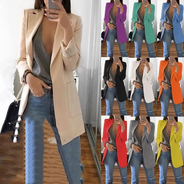 2023 Fashion Plus Size S-5XL Long Sleeve Open Front Solid Color Office Lady  Solid Blazers Women's Casual Oversized Long Blazer Cardigan Jackets Coat