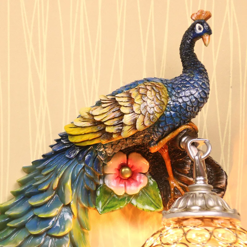

European Rural Colorful Peacock Resin Wall Lamp Crystal Wall Light Bedside Corridor Living Room Study Hotel Wall Lamp
