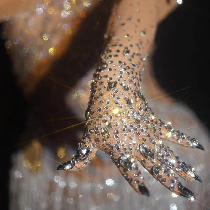 Luxurious Rhinestones Gloves Sparkly Crystal Mesh Party Long Gloves Dancer Singer Nightclub Dance Stage Wear Show Accessories