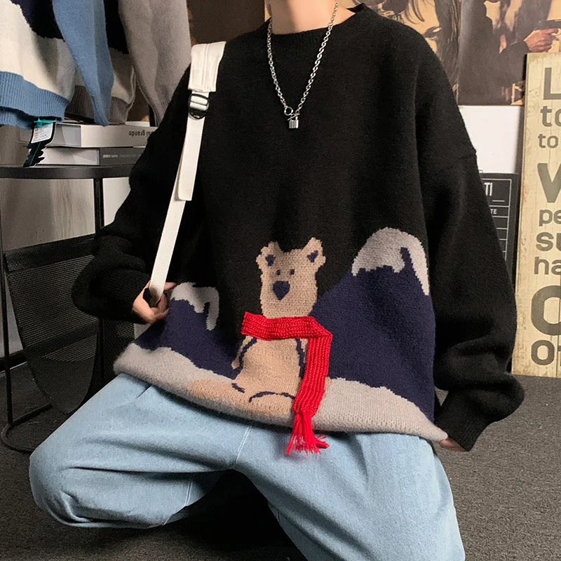 

2021 Net Red Scarf Bear Hong Kong Style Large Unisex Couples Wild Round Neck Sweater