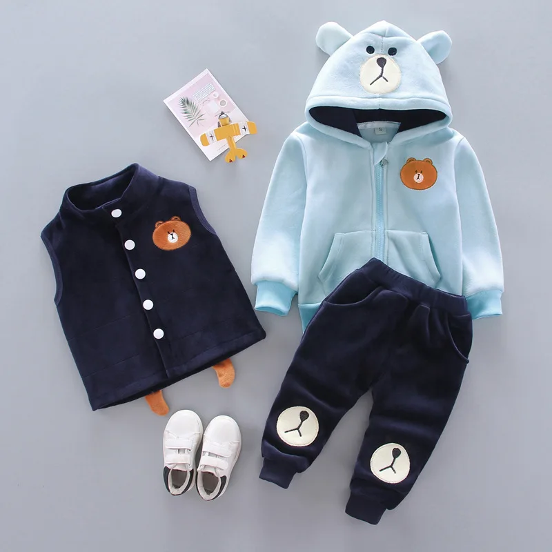 

2019 New Style Children Baby plus Velvet Cartoon Pattern Bear Head Three-piece Set Korean-style Boys Sweater Suit