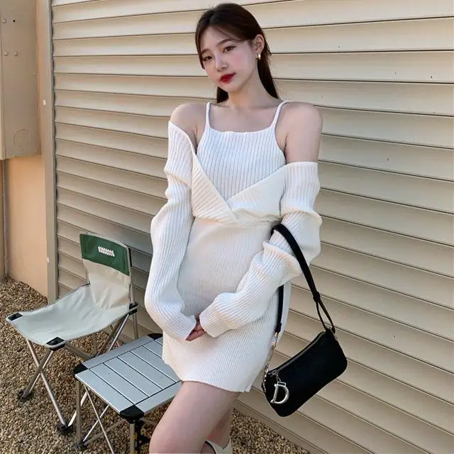 Long Sleeve Dress Women Stylish Fake 2 Pieces Tender Square Collar Mini Preppy Ulzzang Knitting Daily Sexy Ladies Vestidos Soft cocktail dresses