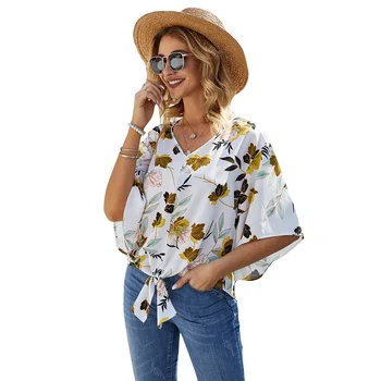 

2020 Spring and Summer New Women's Casual Tees V-neck Knotted Loose Top Flare Sleeve Tropical Flower Print Chiffon Shirt