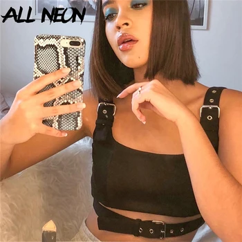 

ALLNeon Punk Hollow Out Straped Tank Tops Grunge Sleeveless Black Cropped Tops Fashion Backless Streetwear Summer Camis Tops