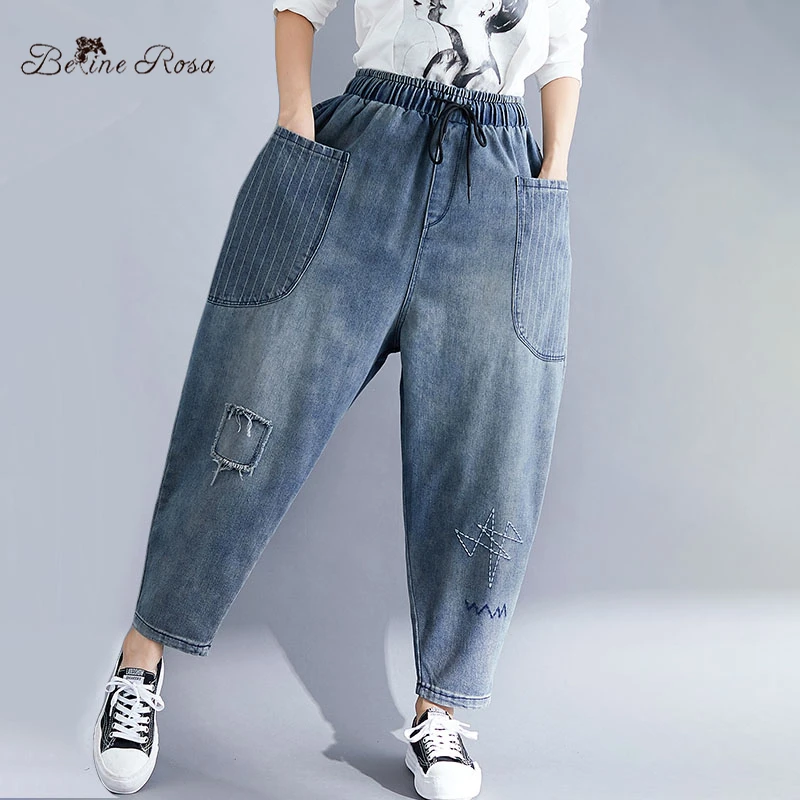

BelineRosa Retro Plus Size Jeans Patchwork Big Pocket Embroidery Elastic Waist Denim Pants for Women Spring Autumn XYDM0001