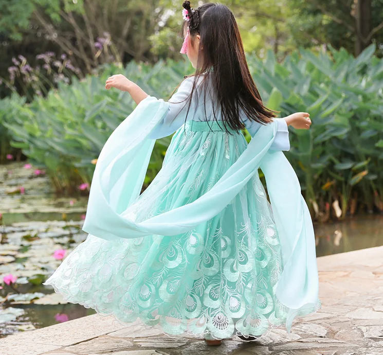 Детские традиционные платья Hanfu с рисунком павлиньих перьев; летние тонкие костюмы с вышивкой для девочек; одежда для детей; ZL12