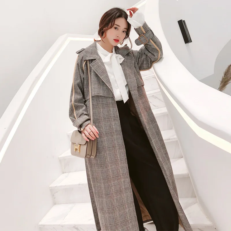 

2019 Spring Long Sleeve Mid-length Straight-Cut Pocket Bow Convention Lace-up Suit Collar Plaid Trench Coat