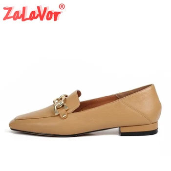 

ZALAVOR Genuine Leather Women Shoes Square Toe Flats Shoes Metal Chain Casual Shoes Party Office Lady Footwear Size 34-39