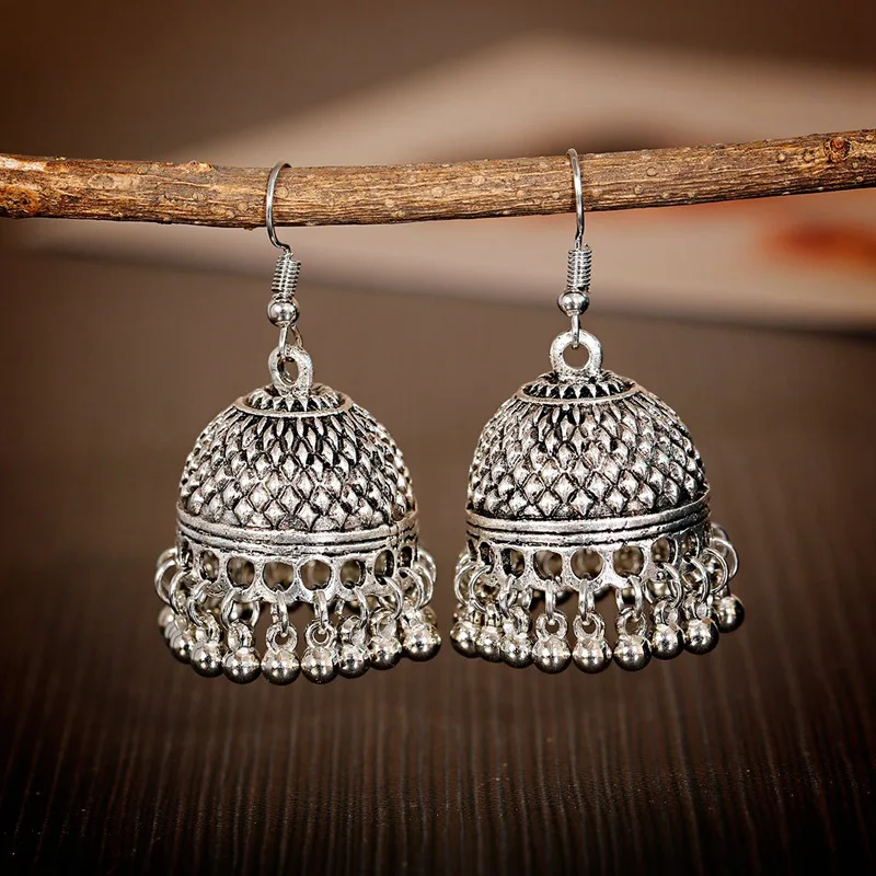 2316080-a5c3e6.jpg H3b0f3bc80e964508aa520e5ccd8f5d260 Women's Silver Color Beads Tassel Jhumka Earrings Ethnic Gypsy Gold Color Alloy Big Bell Drop Earring Fashion Jewelry Mallzona