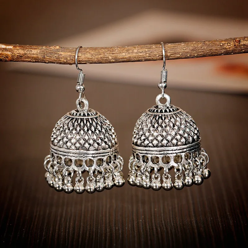 Vintage Women's Round Bell Carved Gold Silver Jhumka Indian Tassel Bead Earrings 