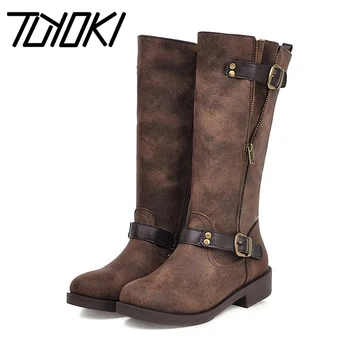 

Tuyoki Pu Leather Ladies Motorcycle Boots Zipper Flats Retro Sexy Classics Work Boots Knee High Shoes Woman Footwear Size 34-43