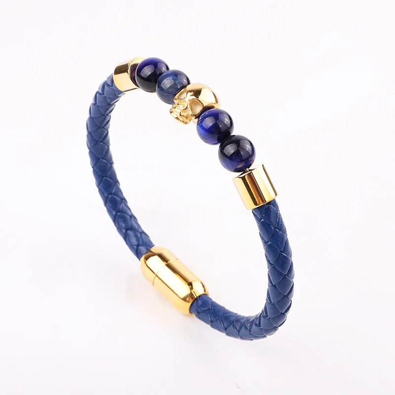 High Quality Men Bracelet New Design Blue Tiger Eye Natural Stone Stainless Steel Skull Charm Genuine Leather Bracelet Men - Image 4
