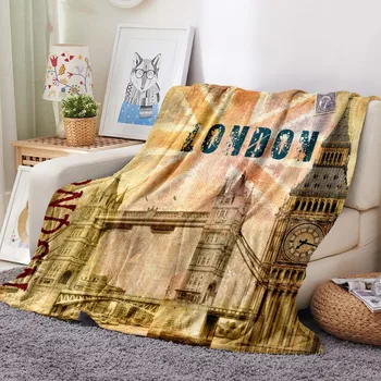 

Retro Flannel Fleece Blanket London France Tower Print Famous Buildings Plush Throw Blanket on Sofa Bed Warm Bedspread Bedding
