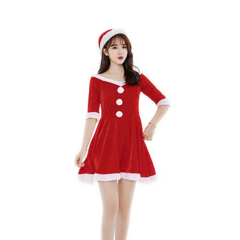 

2019 Christmas dress ladies sexy cute red high-grade golden velvet show party performance dress Christmas red playful dress