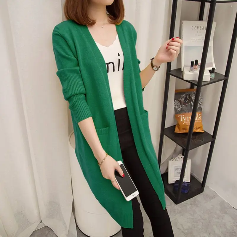 

Women Spring Autumn Sweater Jacket New Fashion Cardigan Mid-long Solid Coat Casual Loose Female Sweater Outerwear NZYD269A