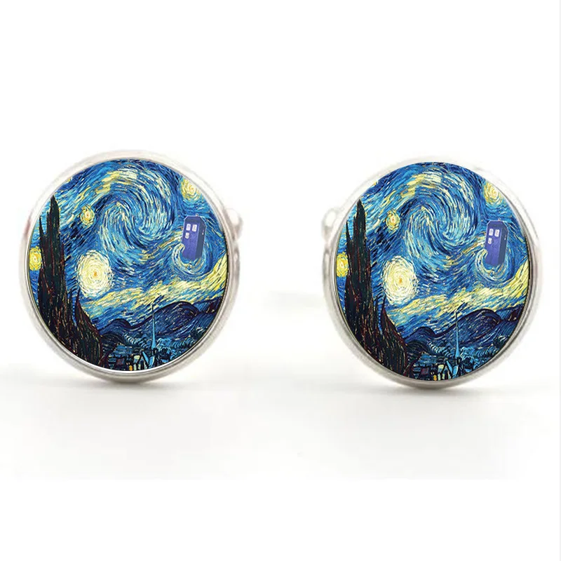 

Fashion Van Gogh Art Painting Series Cufflinks Van Gogh Starry Night Crystal Glass Cabochon Cufflinks For Mens Wearable