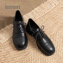 INMAN Spring Shoes For Women British Style Sheepskin Genuine Leather Shoes College Style Lady Lace Up Round Toe Fashion Shoes