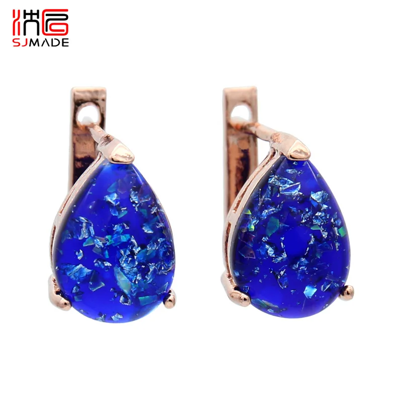 

SJMADE Europe America New Fashion Colorful Water Drop Dangle Earrings For Women Wedding Party Jewelry 585 Rose Gold Eardrop
