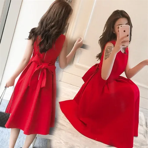 

Summer Chiffon Red Dress Women's Korean-style Long Skirts Slimming Sweet Debutante Elegant Bow Sleeveless Vest Skirt