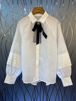 

2020 Early Autumn New Women's Tie Color Stitching Lapel Decoration Long Sleeve Wild Shirt 805