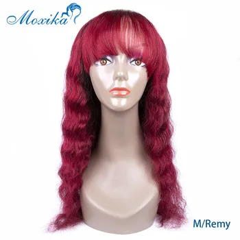 

Moxika Deep Wave Human Hair Wigs With Bangs 100% Brazilian For Black Women PrePlucked 99j Burgundy Remy Human Hair Wigs
