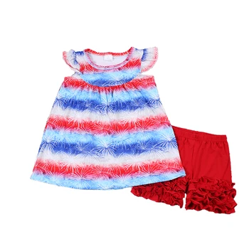 

4th of July New arrivals summer baby girls clothes fireworks outfits cotton shorts sets ruffle boutique matching Clothing