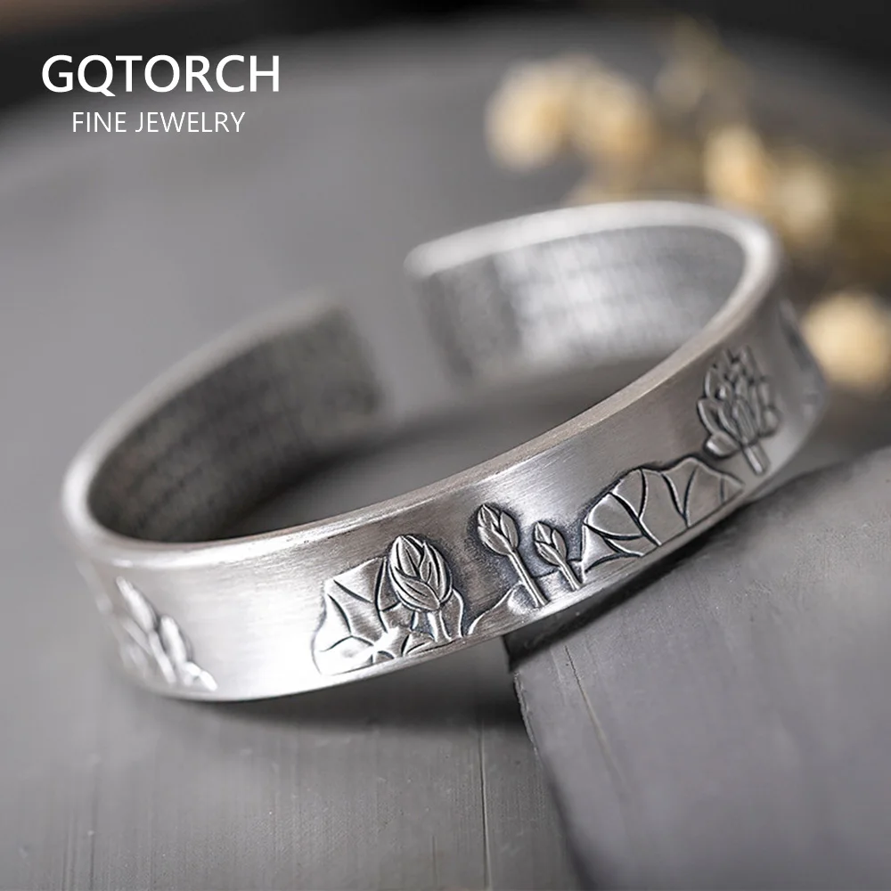 

999 Sterling Silver Lotus Bangles For Men Women Matte Sanskrit The Heart Sutra Engraved Buddhist Prayer Jewelry Cuff Bracelets