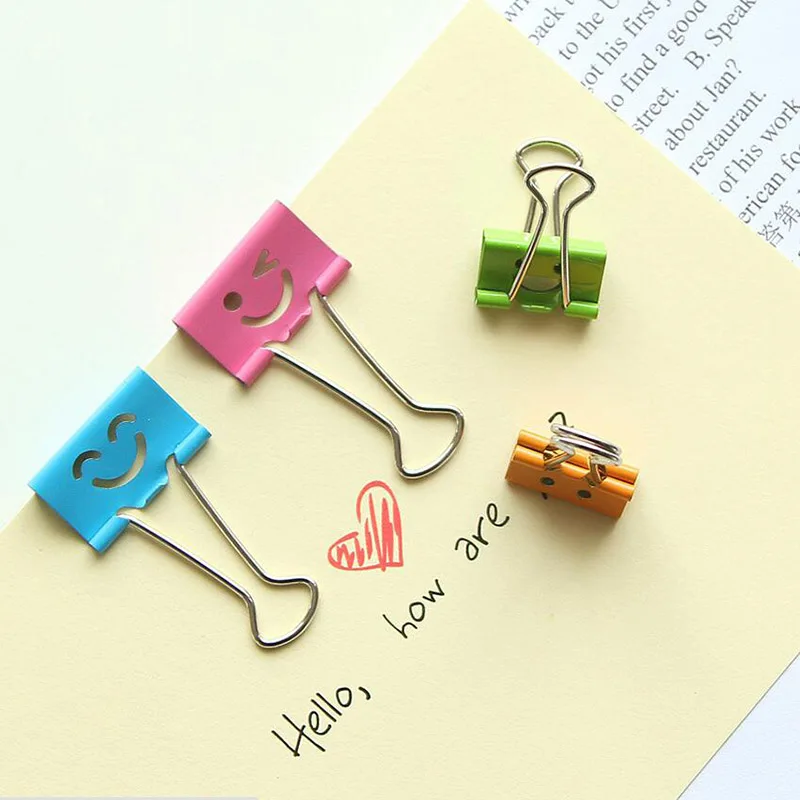 

5pcs/lot Cute Smile Face Metal Binder Clip Colored Paper Clips Large Small Decorative Clip File Organizer Office School Supplies