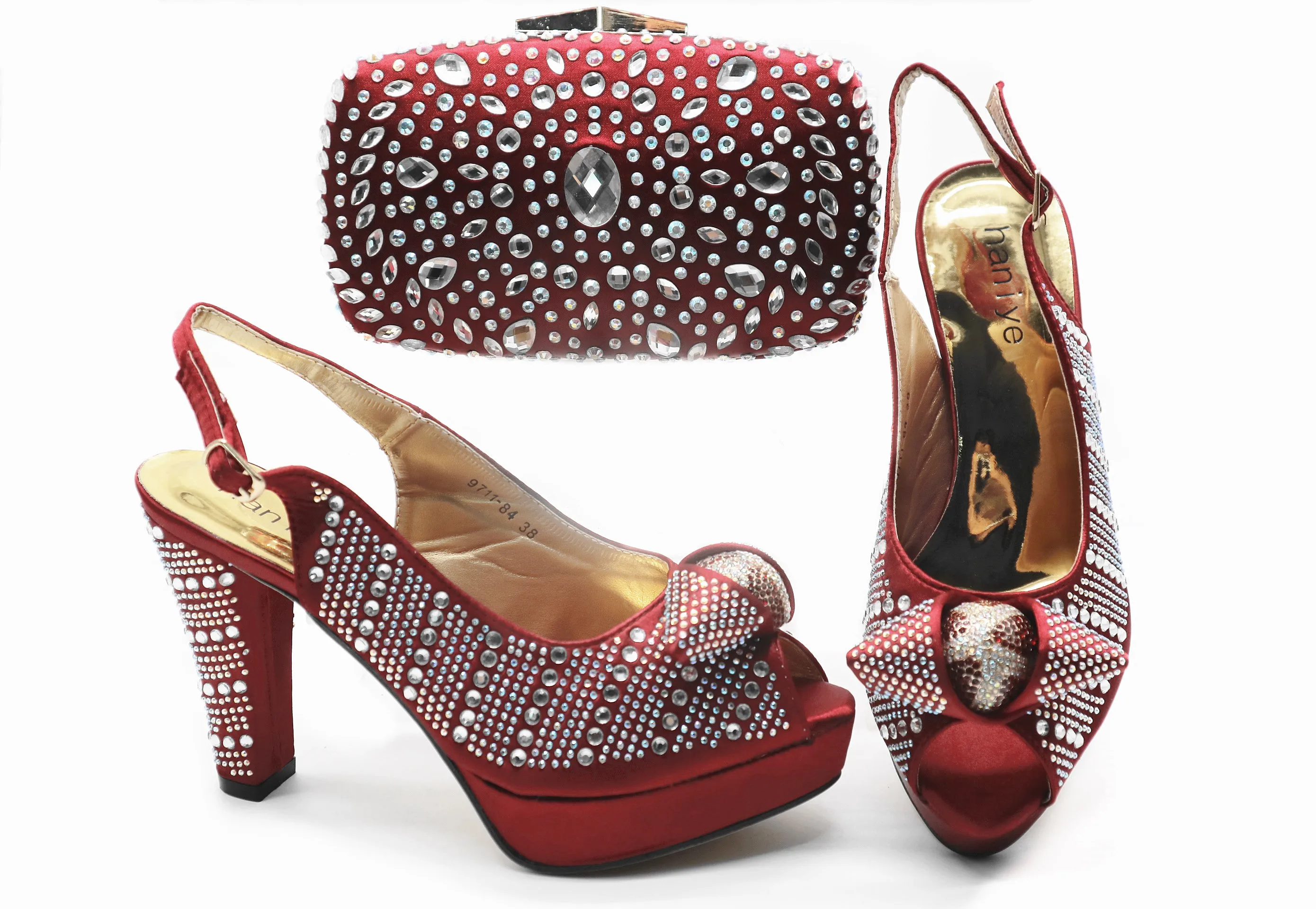 

Elegant wine red italian shoes and bag matching set high heel sandal and clutches bag full stones SB8409-5 italian shoes and bag