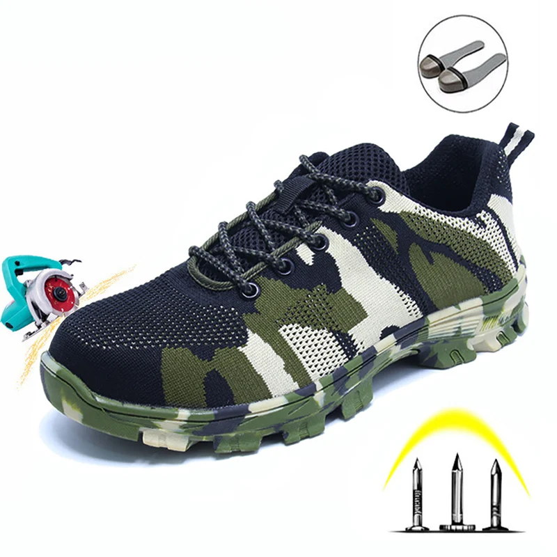 Camouflage green Вразлёт, плетение Мужская одежда, обувь, летняя дышащая, противоскользящая, проколная, защитная обувь, Рабочая обувь, Рабочая обувь со стальной головкой для мужчин - Цвет: Camouflage green