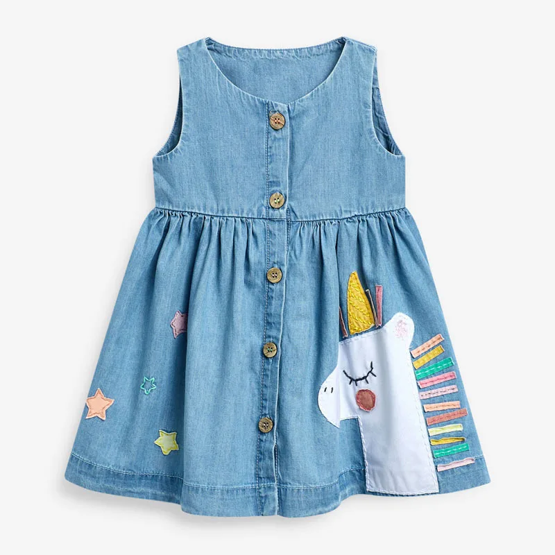 Little maven Baby Girls Summer Dress for New Year 2022 Denim Unicorn Dress Lovely Casual Clothes for Kids 2-7 year