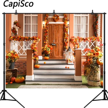 

Capisco photography backdrop Halloween pumpkin decoration door autumn leaves background photo photobooth photocall studio