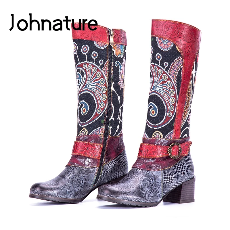 

Johnature Colorful Platform Boots Genuine Leather Women Shoes 2019 New Winter Mixed Colors Round Toe Sewing Fabric Women Boots