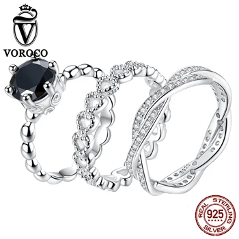 

VOROCO Silver Ring Love Promise Heart Shape Glitter Black Zirconia Finger Ring Women Minimalistic Jewel Engagement Wedding Gift
