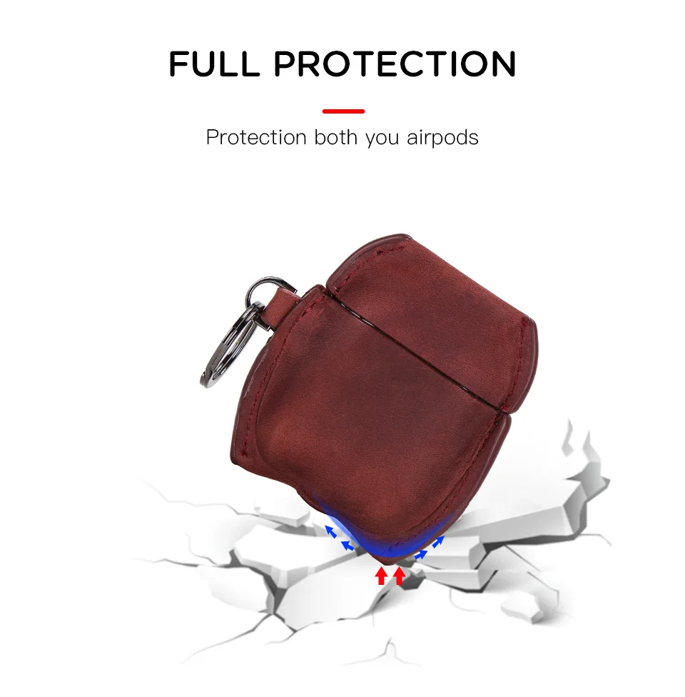 10P wholesale Premium Genuine Leather Portable Shockproof Protective Cover with Keychain for Apple AirPods 1&2 Charging Case