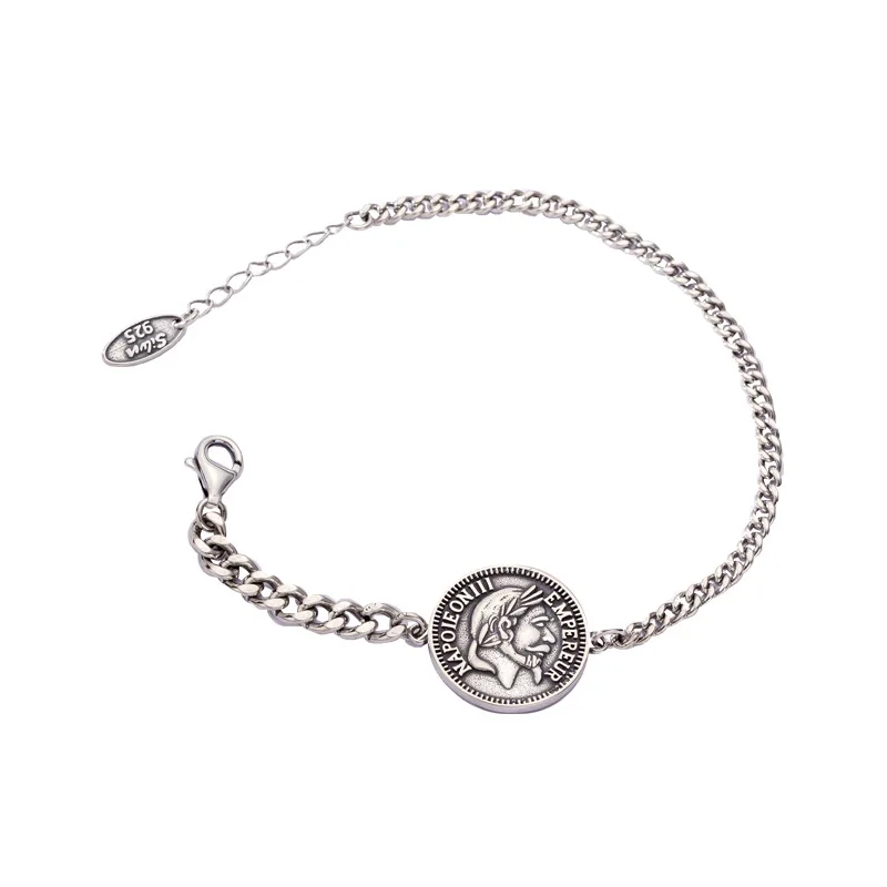 Браслет с монетами Наполеона, 925 пробы, Серебряный тайский серебряный круглый браслет с подвеской, браслет с рисунком портрета, женские роскошные ювелирные изделия