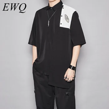 

EWQ / men's wear Trend England vintage fashion patchwork Clipping half Sleeve hit color printting black shirt for Male 9Y1178