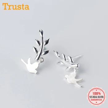 

Trusta 100% 925 Sterling Silver Women Fashion Sweet Tiny Symmetry Leaf Birds Stud Earrings For Daughter Girls Gift DS719