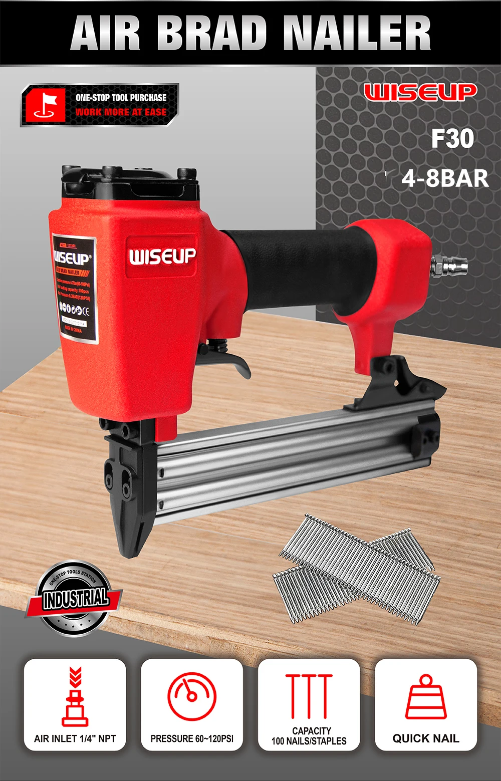 WISEUP-Air Nail Gun para Móveis, Nailer Pneumático,