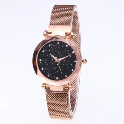 Часы с сетчатым браслетом из нержавеющей стали для женщин, Кристальные Аналоговые кварцевые наручные часы, женские спортивные часы, роскошные часы с звездным небом - Цвет: pink