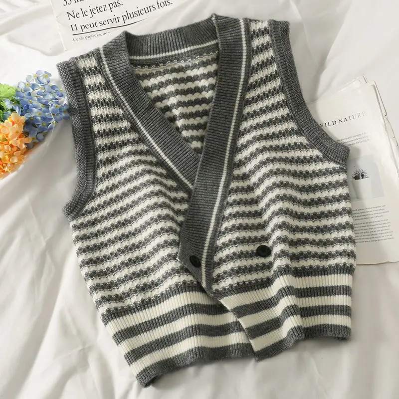 

Stripe Gray Lady Spring Fall V-neck Chic Girl Women Sweater Vest Loose Knit Outer Wear Leisure Clothing Coat Top Girls Cloth