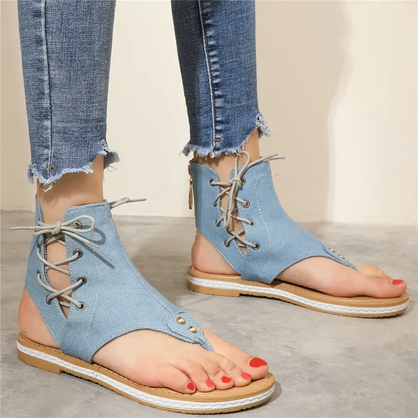 

Punk Flip Flops Women Canvas Lace Up Straps Low Heel Gladiator Thong Sandals Female Summer Platform Oxfords Shoes Casual Shoes