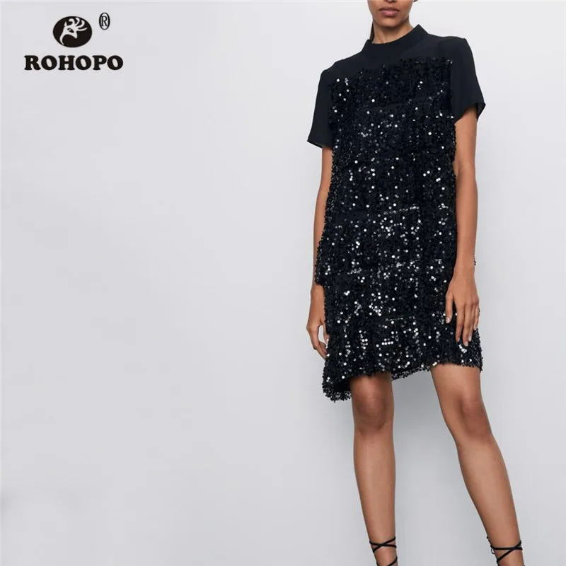 ROHOPO Short Sleeve Black Sequined Mini Dress Cascading Ruffles Splice Mesh Ladies Shiny Party Vestido #9442 | Женская одежда
