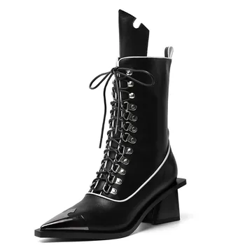 

2020 Quality Winter Motorcycle Boots For Women Genuine Leather High Heels Boots Pointed Toe Night Club Shoes Woman Botas Mujer