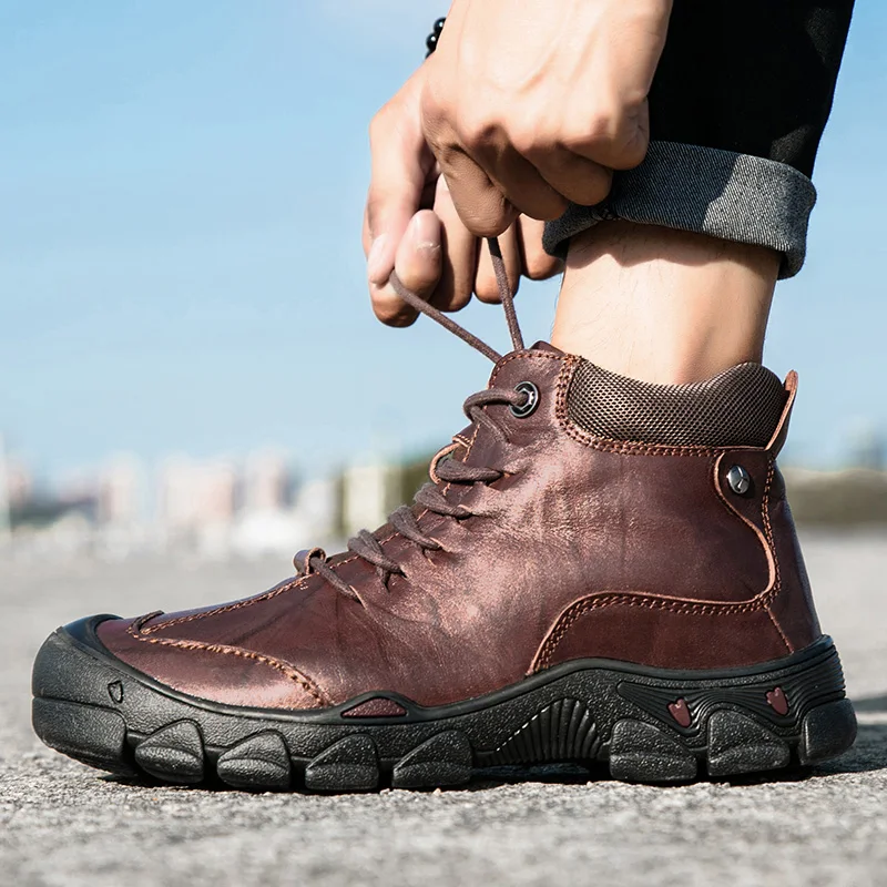 

KATESEN New Genuine Leather Men Boot Fashion Man Winter Snow Boots keep Warm Boots Plush Ankle Snow Work Shoes Men's Snow Boots