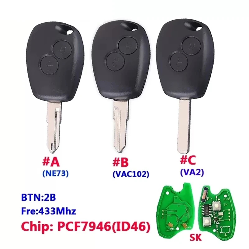 CN010009 Aftermarekt 2 Buttons Remote Control Key 433MHz For Clio Scenic Kangoo Laguna Megane Keyless Entry PCF7946 Chip