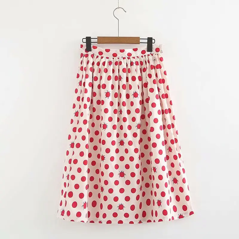 

S23545 Summer New Style Vintage Red Color Polka Dot Small Ladybug Polka Dot Printed Skirt CHIC GIRL'S Medium-length Dress