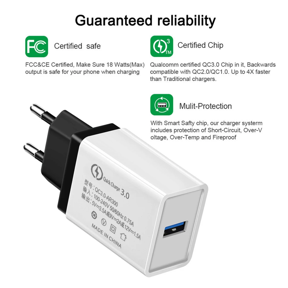 18 Вт EU/USA Быстрая зарядка QC 3 0 USB зарядные устройства для телефонов кабель быстрое